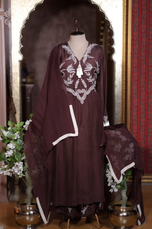 Chocolate brown hand embroidered designer sharara suit with dupatta