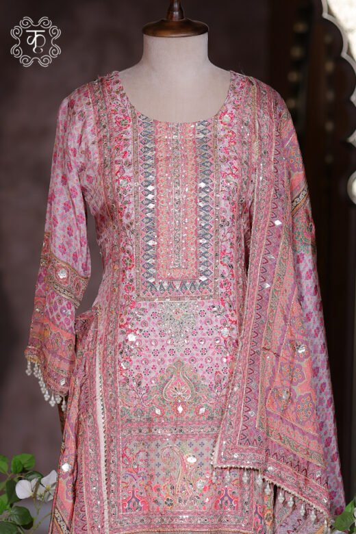 Blush pink mirror work designer sharara suit with embroidered dupatta