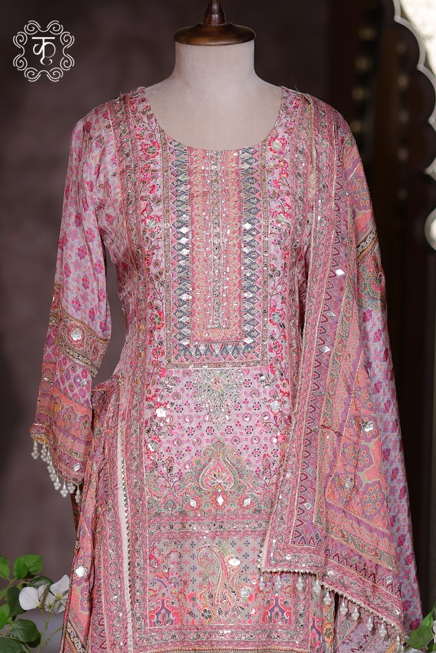 Blush pink mirror work designer sharara suit with embroidered dupatta