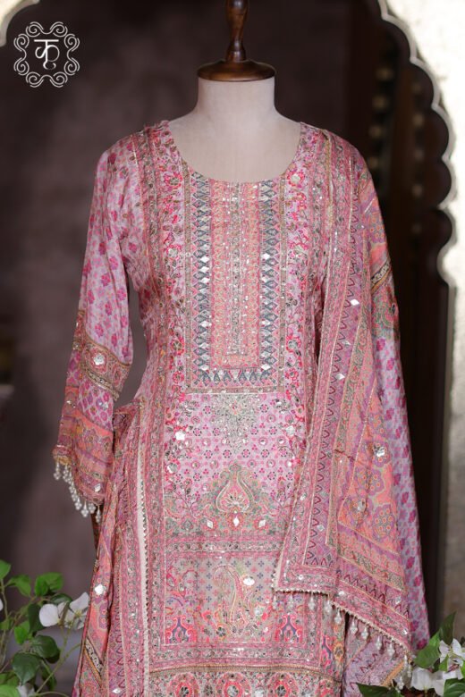 Premium blush pink festive sharara suit with mirror work