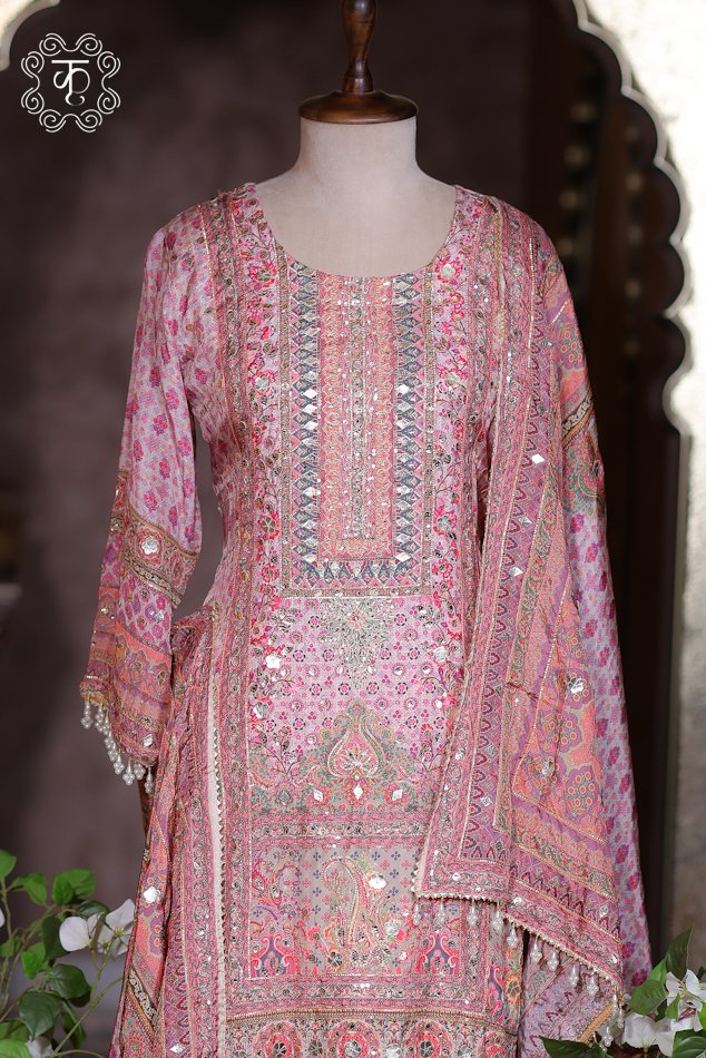 Premium blush pink festive sharara suit with mirror work
