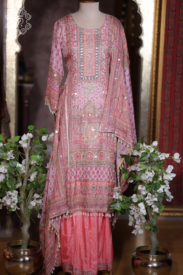 Elegant blush pink embroidered wedding sharara suit for women