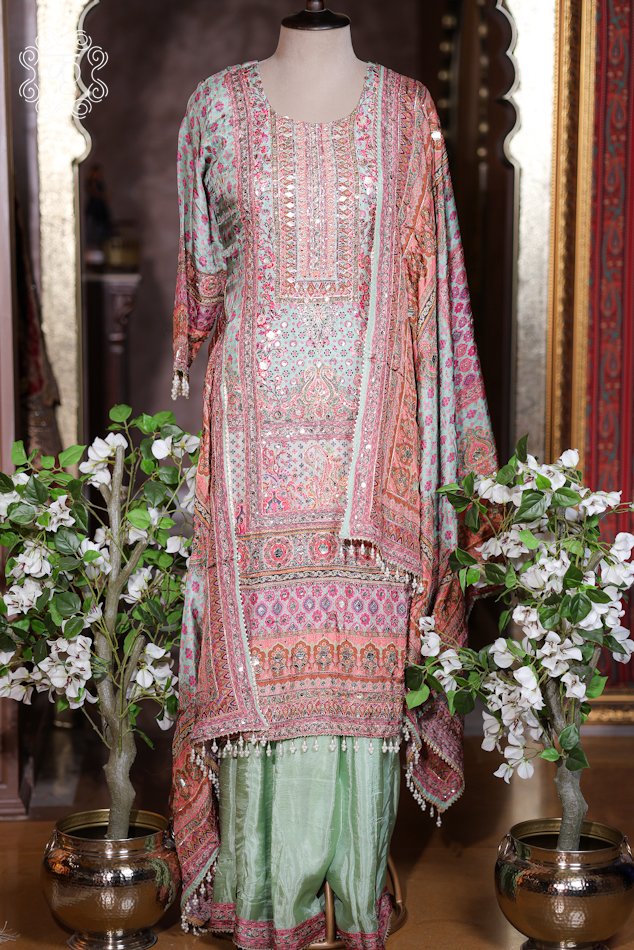 Sea Green Mirror Work Designer Sharara Suit Set - Image 2