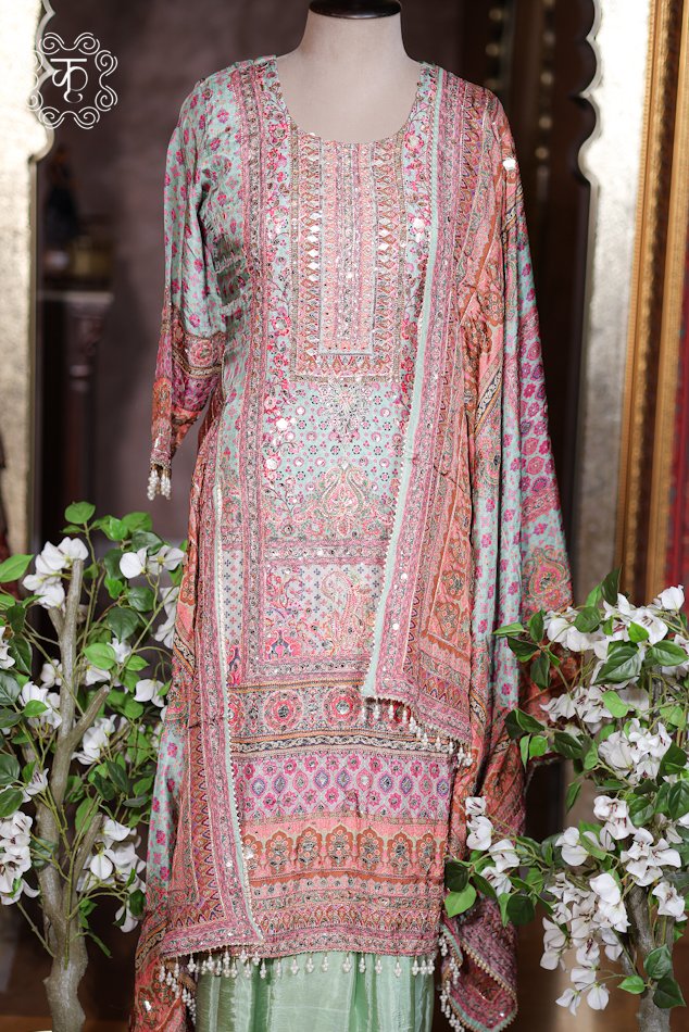 Sea Green Mirror Work Designer Sharara Suit Set - Image 5