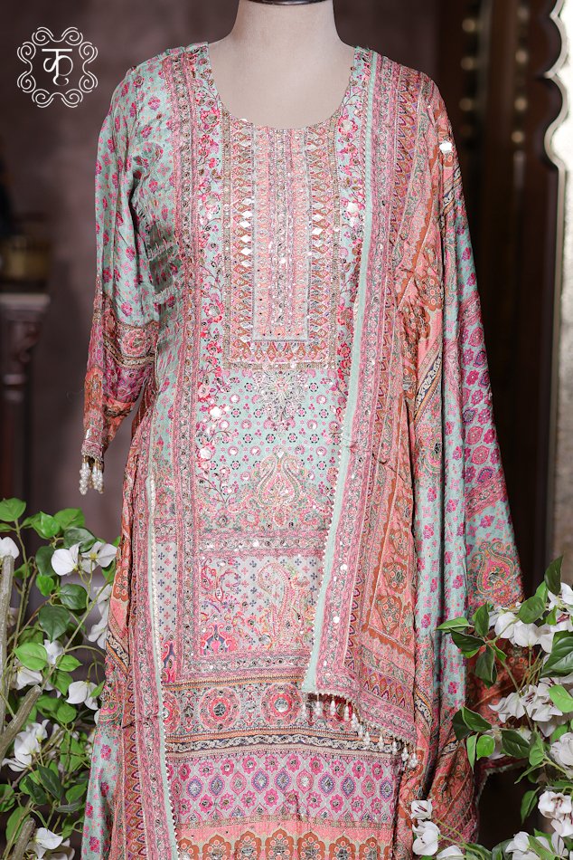 Sea Green Mirror Work Designer Sharara Suit Set - Image 6