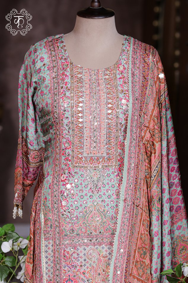 Sea Green Mirror Work Designer Sharara Suit Set - Image 3