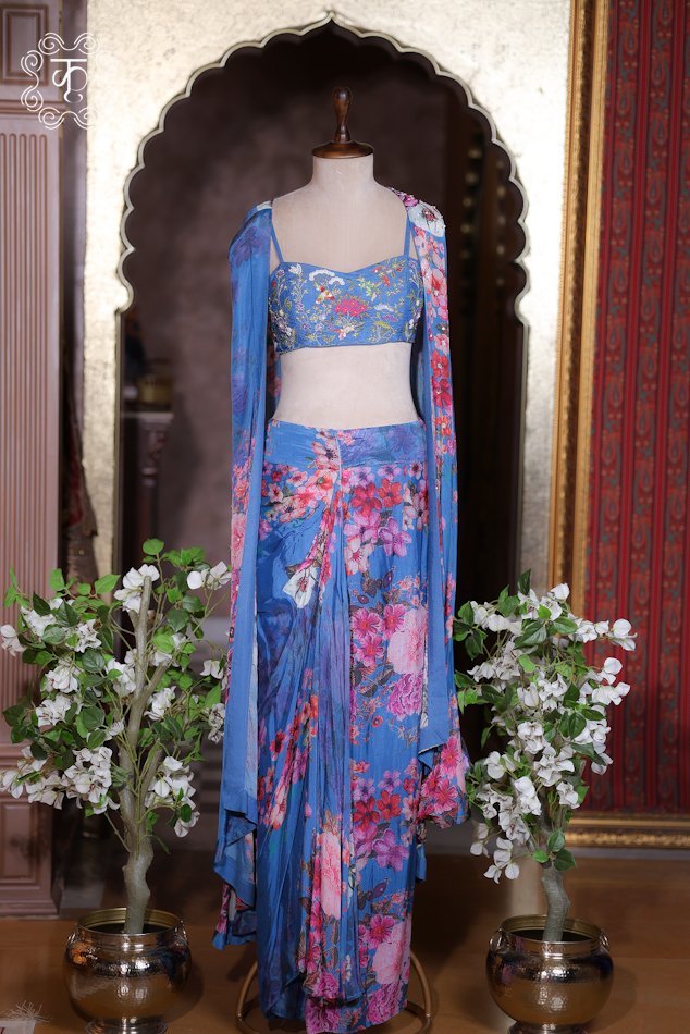 Blue Floral Printed Draped Skirt Set with Embroidered Blouse - Image 2