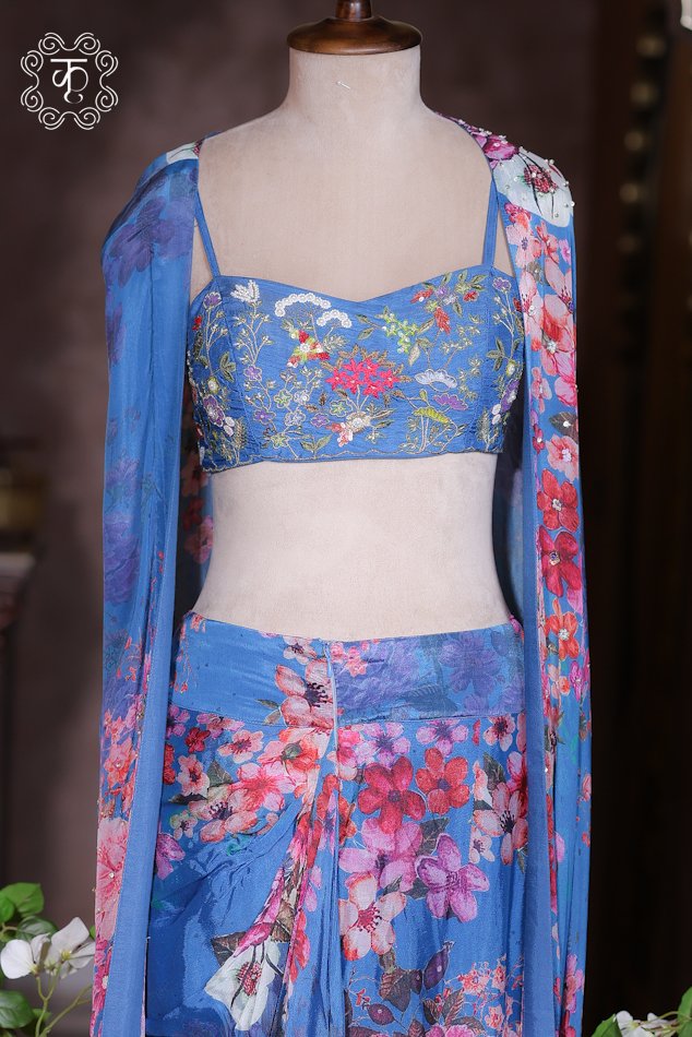 Blue Floral Printed Draped Skirt Set with Embroidered Blouse - Image 3
