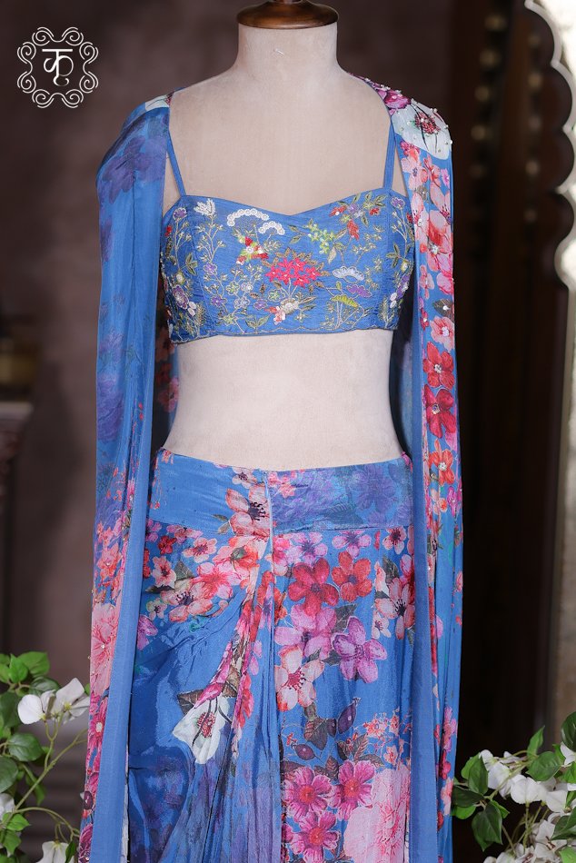 Blue Floral Printed Draped Skirt Set with Embroidered Blouse - Image 4