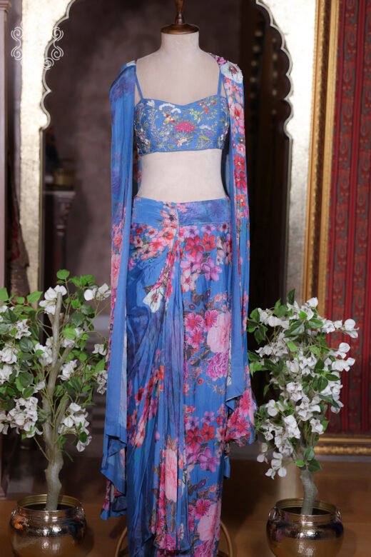 Blue Floral Printed Draped Skirt Set with Embroidered Blouse