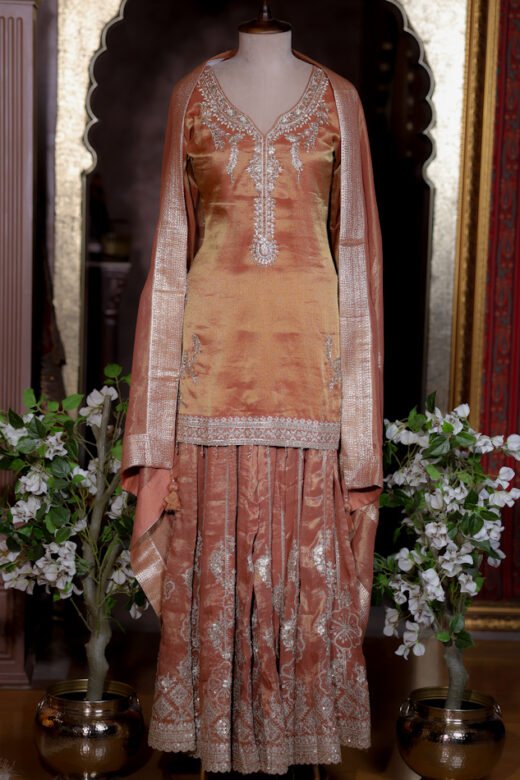 Rose Gold Designer Sharara Suit Set with Embroidered Dupatta