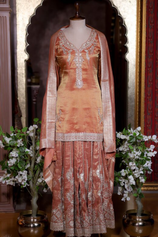 Rose Gold Hand Embroidered Designer Sharara Suit with Flared Sharara