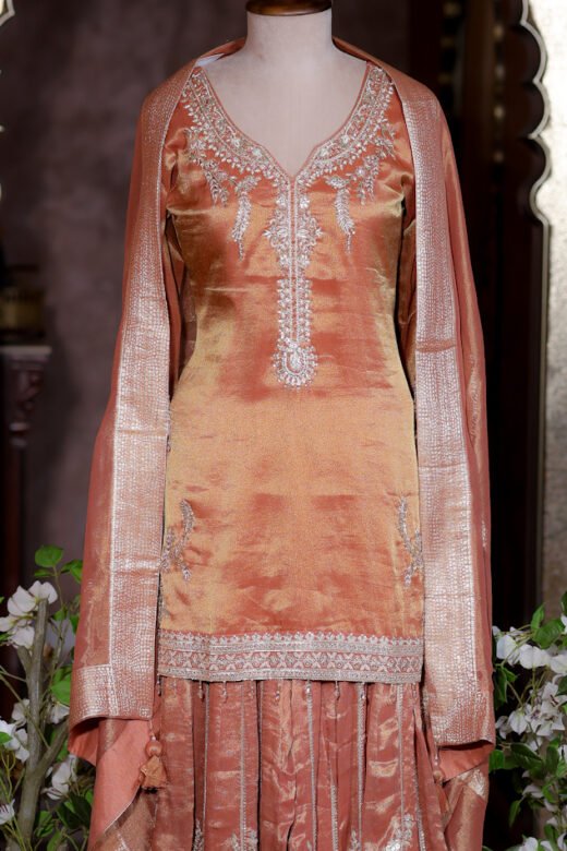 Rose Gold Hand Embroidered Designer Sharara Suit Set by Kridhaa