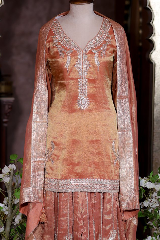 Rose Gold Hand Embroidered Designer Sharara Suit Set by Kridhaa