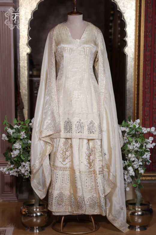 Ivory hand embroidered designer sharara suit with embellished dupatta