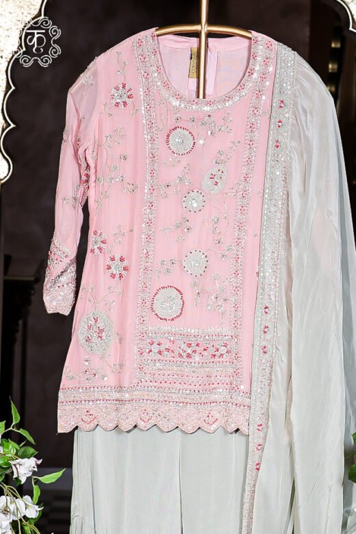 Designer blush pink traditional sharara suit with detailed embroidery