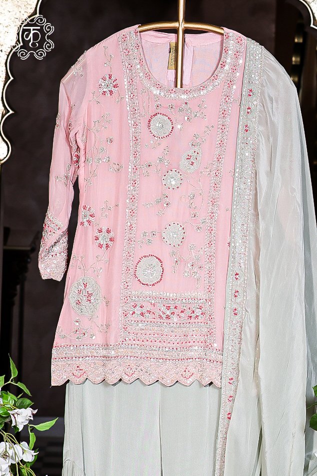 Designer blush pink traditional sharara suit with detailed embroidery