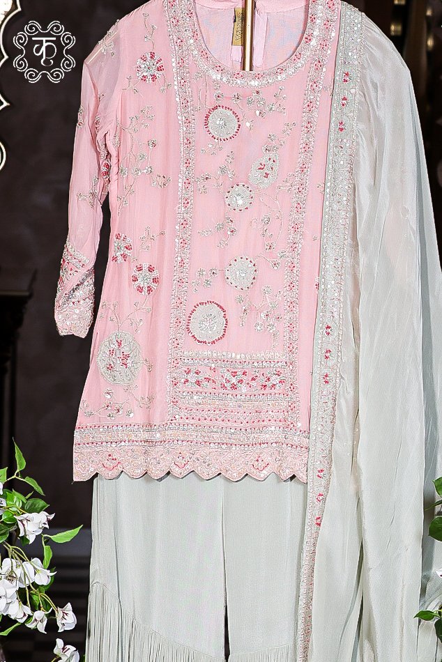 Luxury blush pink embroidered sharara set with matching dupatta