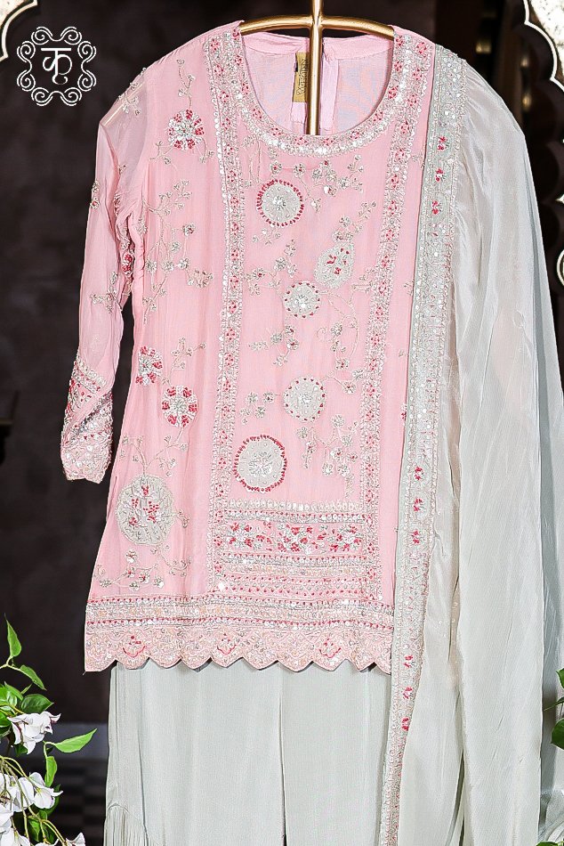 Blush pink designer embroidered sharara suit with matching embellished dupatta