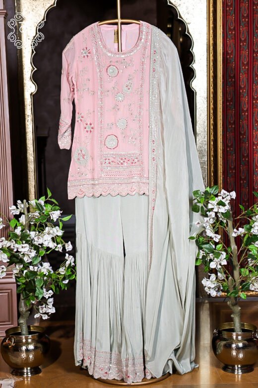 Premium blush pink festive sharara suit for weddings and celebrations