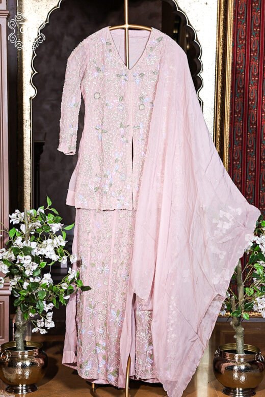 Women's blush pink designer sharara suit for engagement, reception and party wear