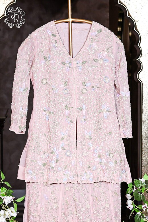 Elegant blush pink embroidered sharara suit for weddings and festive occasions