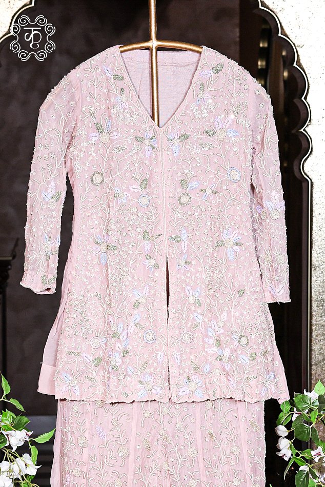 Elegant blush pink embroidered sharara suit for weddings and festive occasions