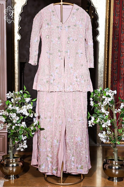 Blush pink floral embroidered designer sharara suit with matching dupatta