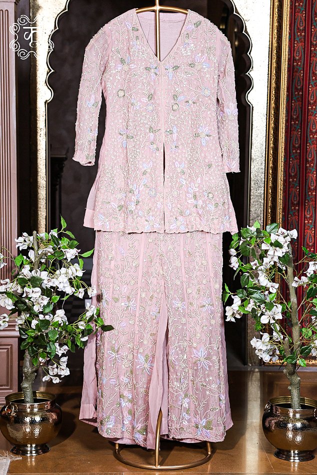 Blush pink floral embroidered designer sharara suit with matching dupatta