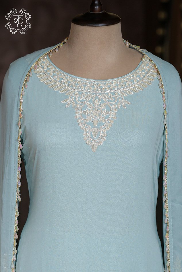 Hand Embroidered Designer Co-ord Suit Set with Draped Cape - Image 4