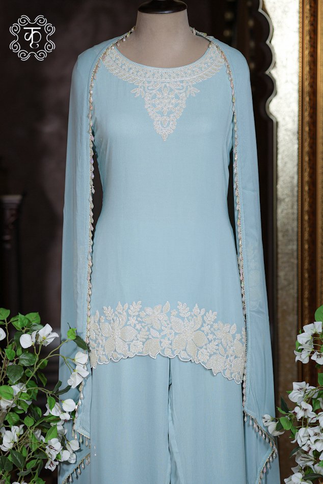 Hand Embroidered Designer Co-ord Suit Set with Draped Cape - Image 3