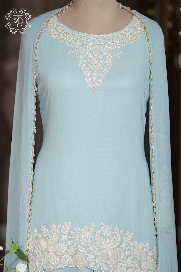 Hand Embroidered Designer Co-ord Suit Set with Draped Cape - Image 5