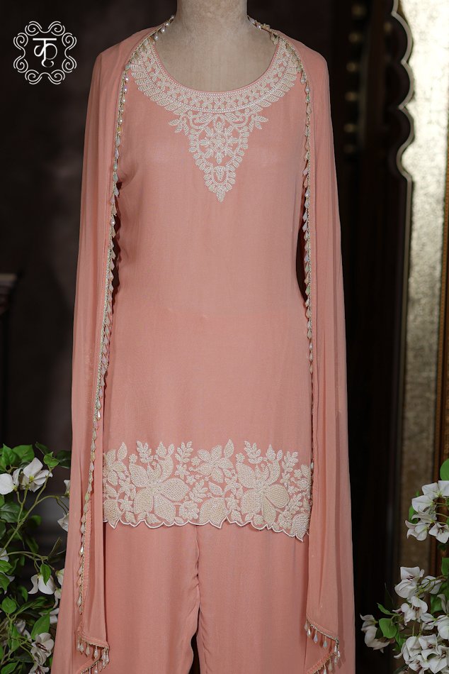 Hand Embroidered Designer Co-ord Suit Set with Draped Cape - Image 5