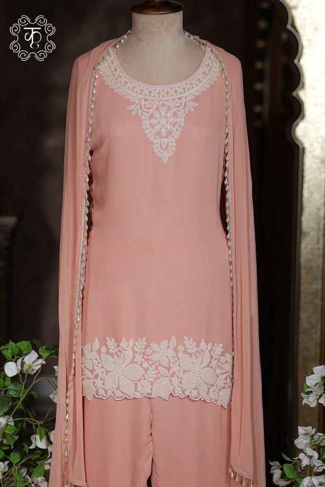 Hand Embroidered Designer Co-ord Suit Set with Draped Cape - Image 3