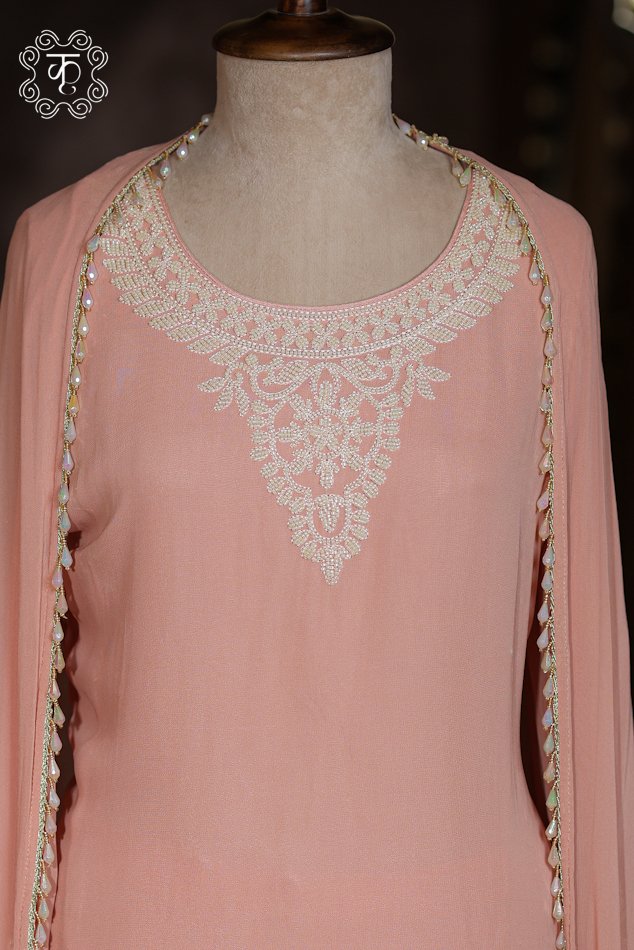 Hand Embroidered Designer Co-ord Suit Set with Draped Cape - Image 4