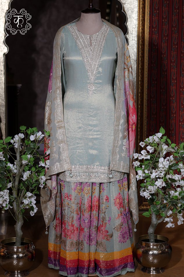 Hand Embroidered Designer Sharara Suit Set with Floral Skirt - Image 5