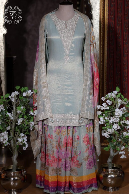 Hand Embroidered Designer Sharara Suit Set with Floral Skirt