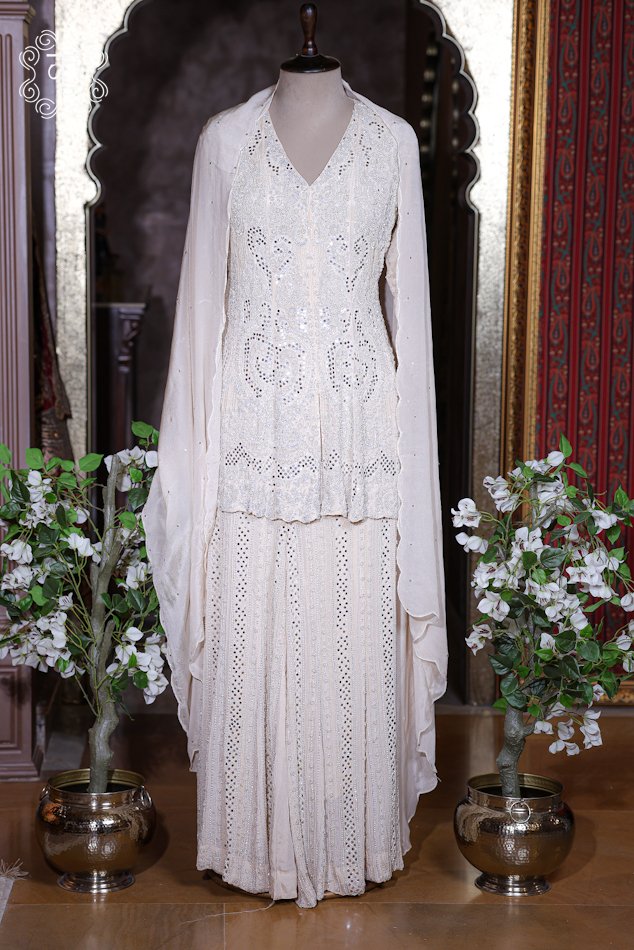 Off-White Hand Embroidered Designer Sharara Suit Set - Image 4