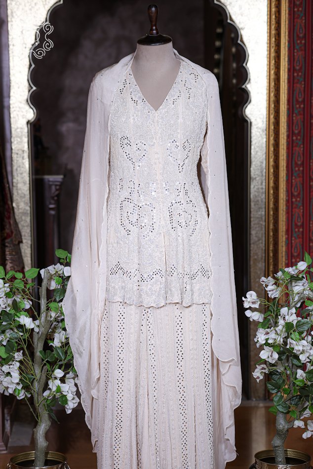 Off-White Hand Embroidered Designer Sharara Suit Set - Image 3