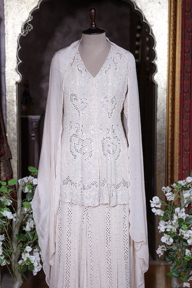 Off-White Hand Embroidered Designer Sharara Suit Set - Image 2