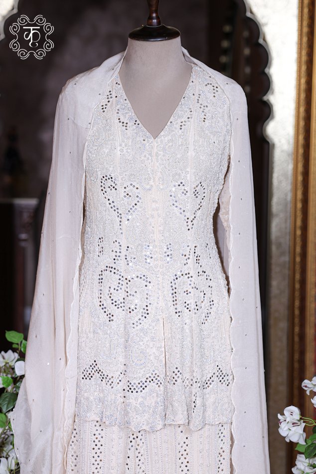 Off-White Hand Embroidered Designer Sharara Suit Set - Image 6