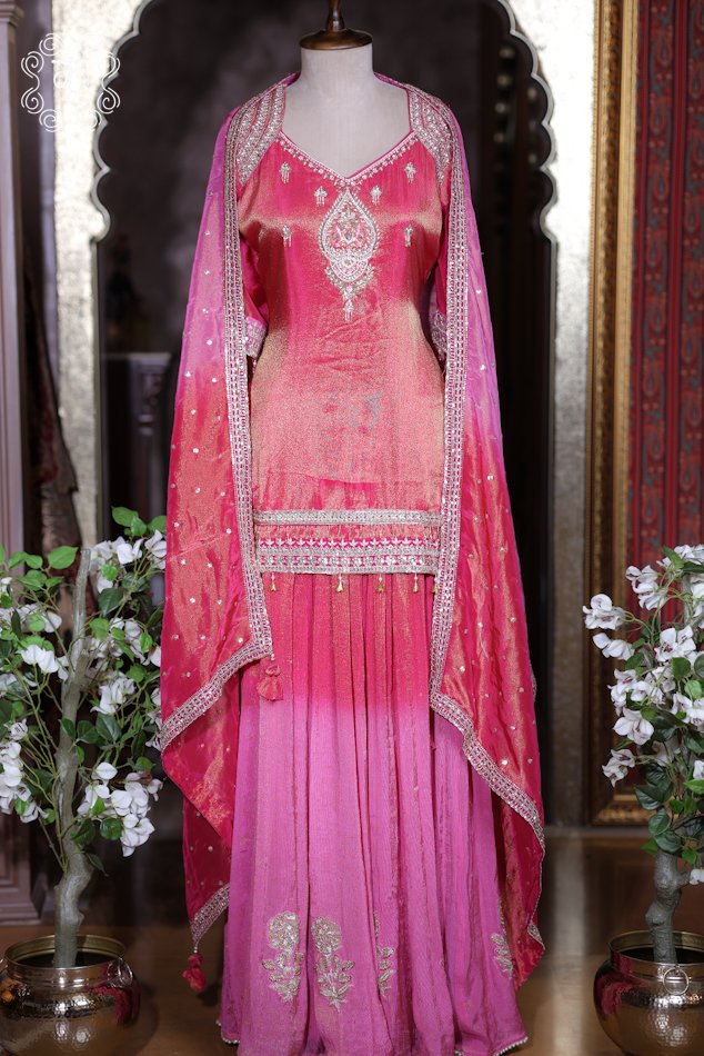 Hand Embroidered Ombre Designer Sharara Suit Set - Image 3
