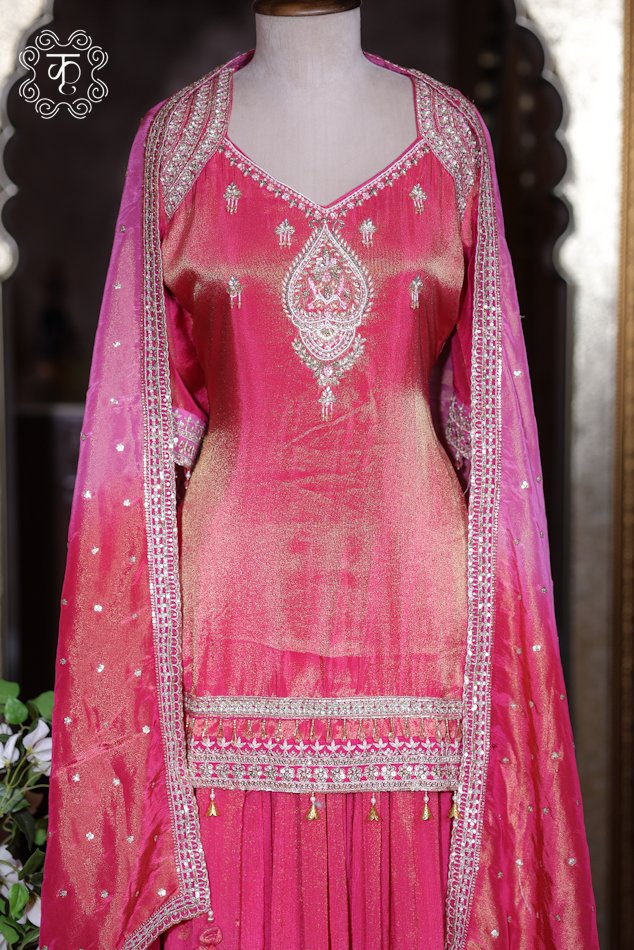 Hand Embroidered Ombre Designer Sharara Suit Set - Image 4