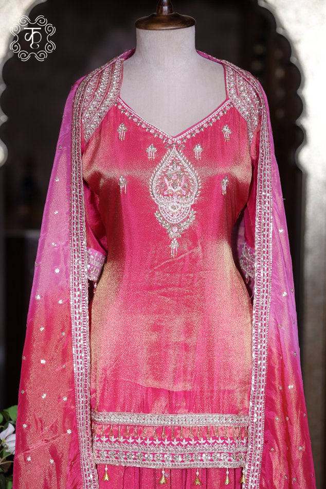 Hand Embroidered Ombre Designer Sharara Suit Set - Image 2