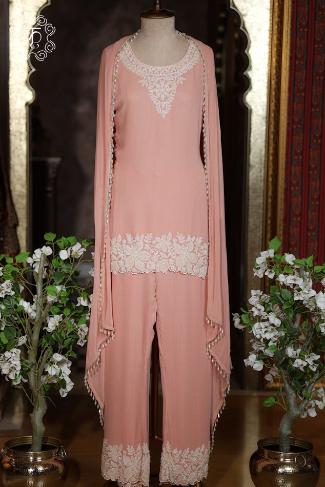 Hand Embroidered Designer Co-ord Suit Set with Draped Cape - Image 2