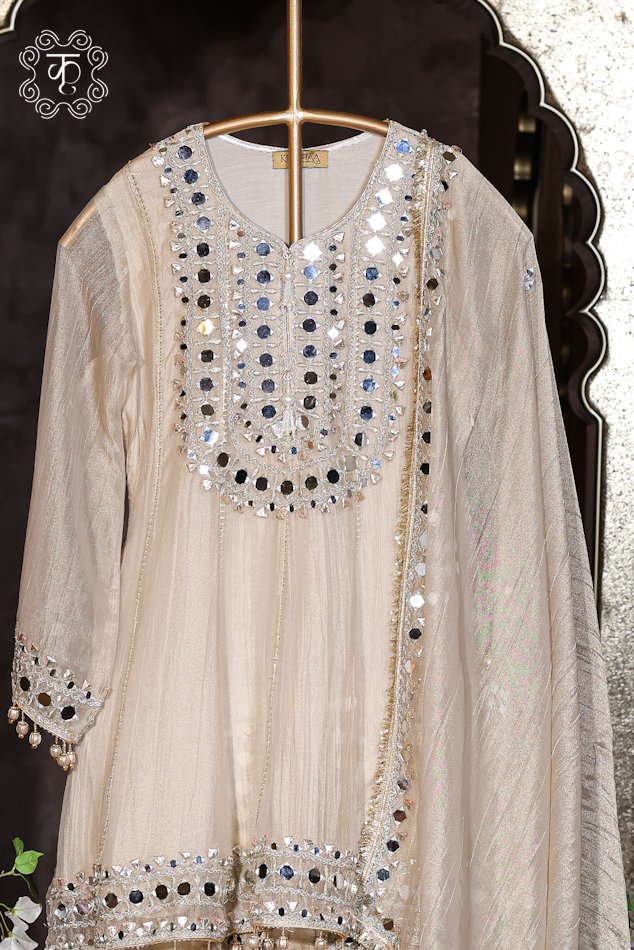 Ivory Mirror Work Designer Sharara Suit Set - Image 5