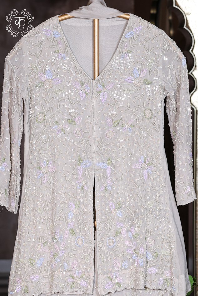 Pearl Grey Floral Embroidered Designer Sharara Suit Set - Image 4