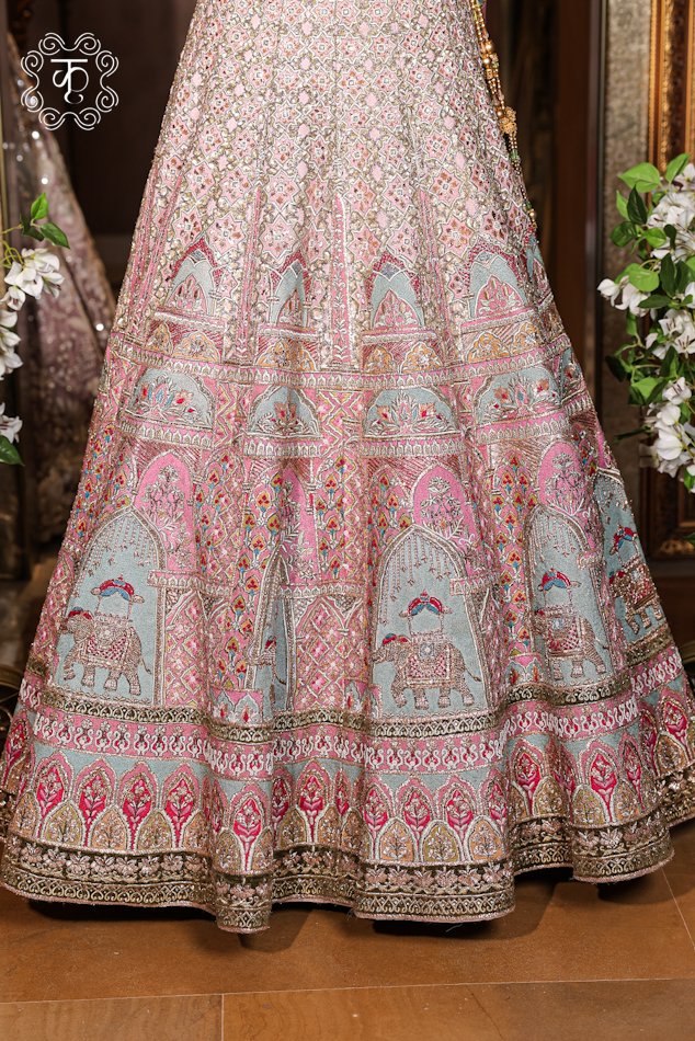 Hand Embroidered Heavy Bridal Lehenga Choli Set with Elephant Motif Borders - Image 5