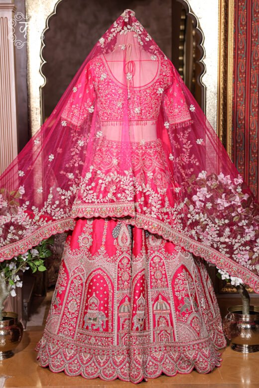 Complete silhouette of the Hand Embroidered Heavy Bridal Lehenga Choli Set displaying the full flared skirt and draped dupatta from Kridhaa.