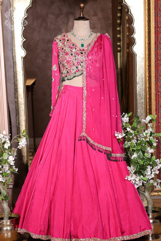 Detailed view of the rich silk texture and sequined border hem of the Hand Embroidered Stone Work Designer Lehenga Choli Set skirt.